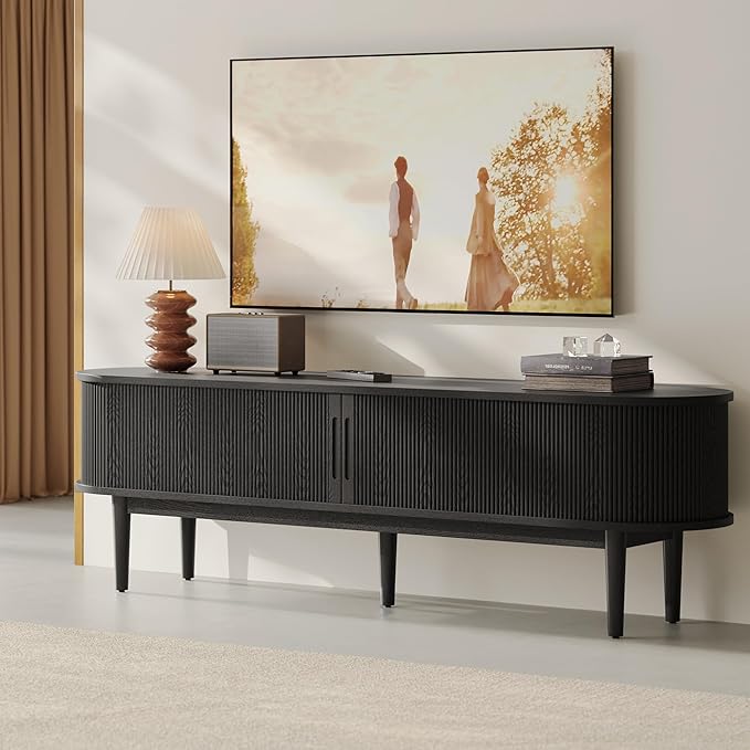 LINSY HOME 70" Fluted TV Stand for TVs up to 80 Inch, Mid Century Modern Entertainment Center with Storage Cabinet and Sliding Doors, Farmhouse Wood Media TV Console for Living Room, Bedroom, Black