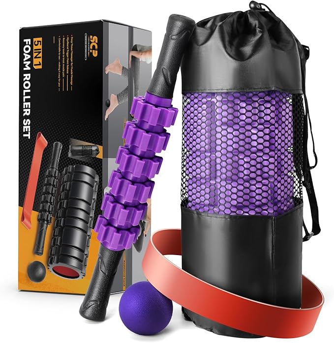 5 in 1 Foam Roller Set for Deep Tissue Muscle Massage, High Density Trigger Point Fitness Patented Exercise Foam Roller, Massage Roller, Massage Ball, Resistance Band, for Whole Body(Purple)