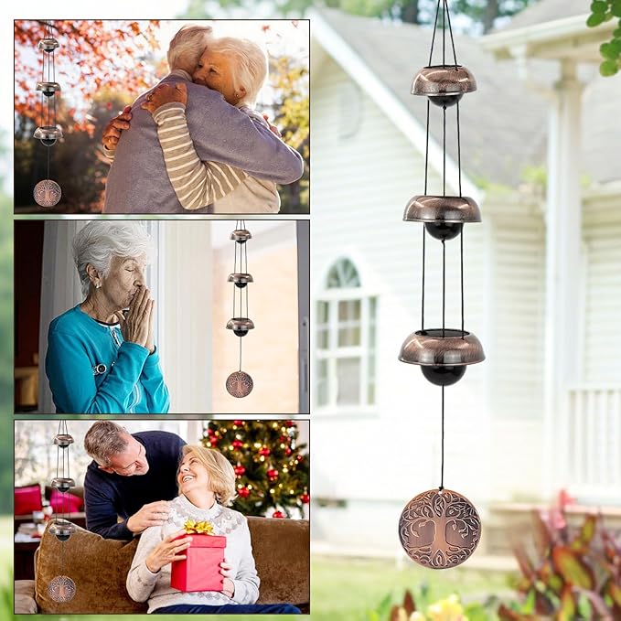 ASTARIN Tree of Life Bell Wind Chimes for Outside, Red Copper Temple Wind Bell with 3 Bells, Feng Shui Copper Wind Chime for Home Garden Yard Outdoor Decoration & Memorial Gift