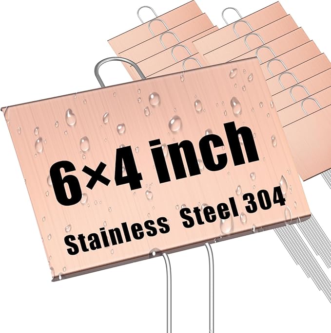 Landhoow 12 Pcs Large Garden Plant Markers Metal Plant Labels Sign 4'' x 6'' with 11'' Stake Weatherproof Waterproof Garden Sign for Outdoor Seedlings Herbs Vegetable Greenhouse, Rose Gold