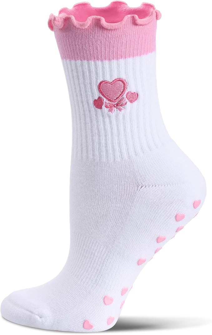 Cute Pilates Socks with Grips for Women Ruffle Cuff Embroidery Non Slip Yoga Socks for Workout, Barre, Pilates Gifts