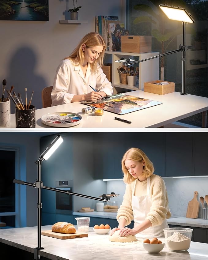 Ultra Bright Ring Light with Overhead Phone Camera Mount-Desk Clamp Key Light for Video Recording/Streaming/Filming/Photography,Desktop Lighting Kit with Tripod Stand&Phone Holder for Tiktok/YouTube