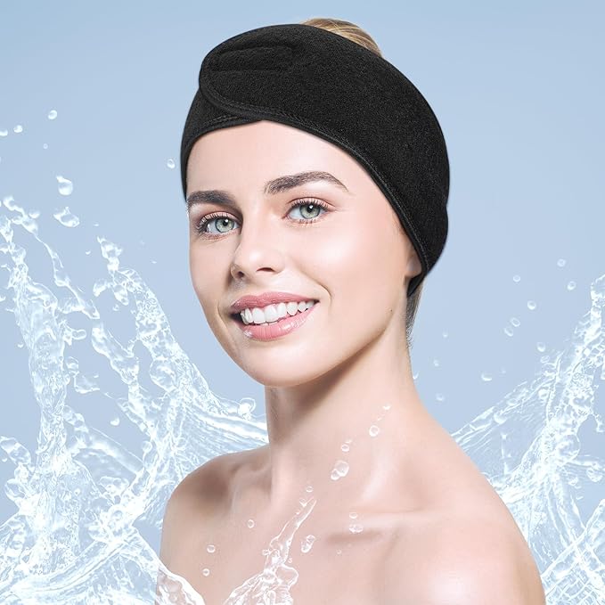 Hoteam 30 Pack Spa Headband Facial Esthetician Hair Wrap for Women Adjustable Makeup Sports Shower Stretch Towel with Tape(Black)