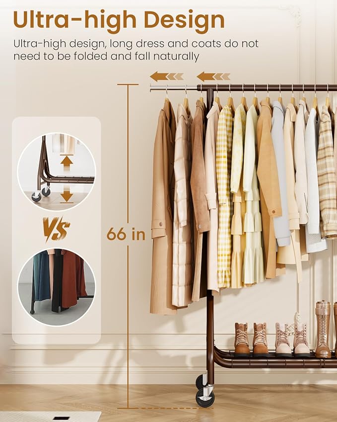 Heavy Duty Clothing Rack, Metal Clothes Rack Load 450 LBS, Rolling Coat Racks for Hanging Clothes with Lockable Wheels, Wardrobe Closet Garment Racks for Bedroom, Brown