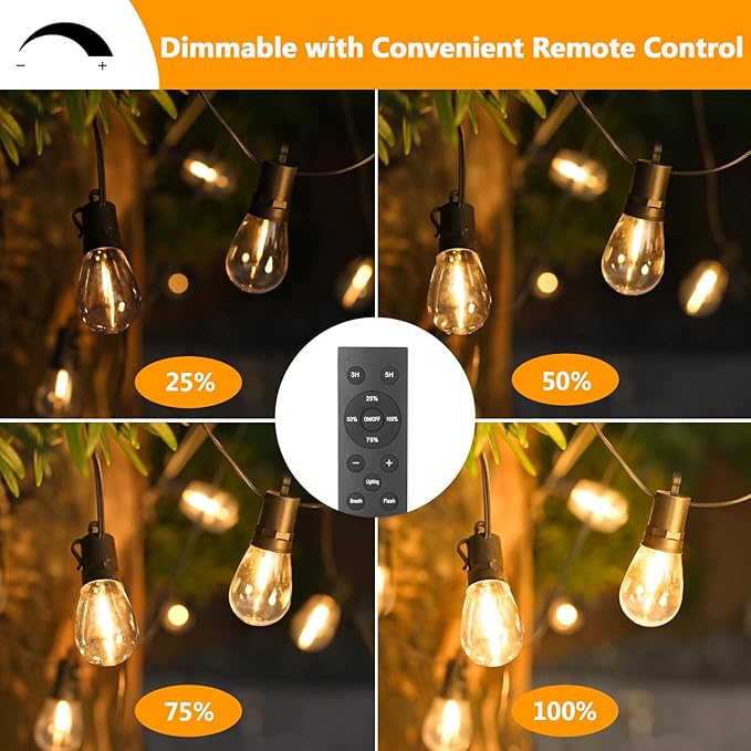 LED Outdoor String Lights, 150FT Waterproof Patio Light with Remote & 48 Shatterproof Dimmable S14 Edison Bulbs(3 Spare), 3 Modes 2 Timer Outside Garden Lighting for Balcony, Porch, Party, Christmas