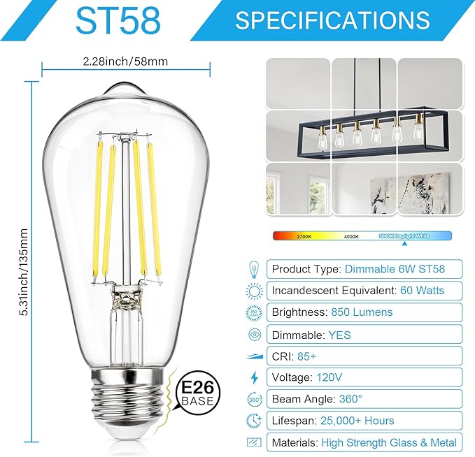 MAXvolador 12-Pack Dimmable Vintage LED Edison Bulb 60W Equivalent, 6W 850Lumens Edison Light Bulbs 5000K, ST58 Antique LED Filament Bulb, E26 Base