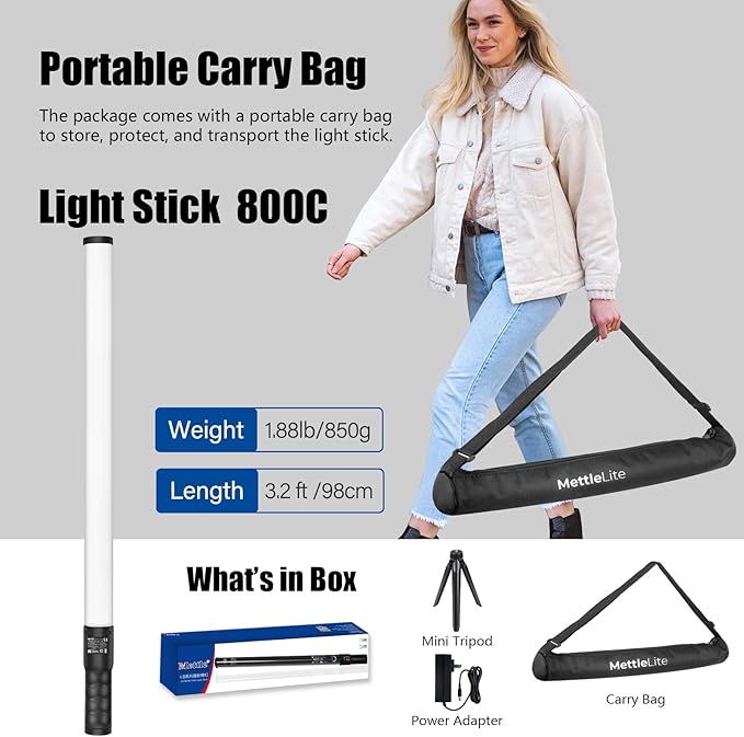 Mettlelite LS800C RGB LED Light Stick Full Color Continuous Output Video Light 3.2 ft with APP Control 2800K-8000K CRI96 TLCI 97 RGB CCT HSI Light Effects Built in Rechargeable Battery