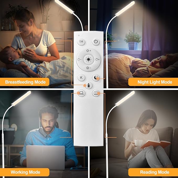 White Floor Lamp, 18W 1800LM Bright LED Floor Lamps for Living Room Bedroom, Dimmable Timing Eye Caring Reading Standing Lamp with Remote & Works with Smart Plug