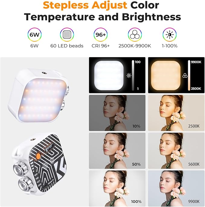 K&F CONCEPT RGB Video Light, 360° Full Color Portable Photography Light, LED Camera Light w 21 Light Effects, 2500K-9900K CRI 96+, 2000mAh Rechargeable Photography Lighting for Vlogging, Selfie, White