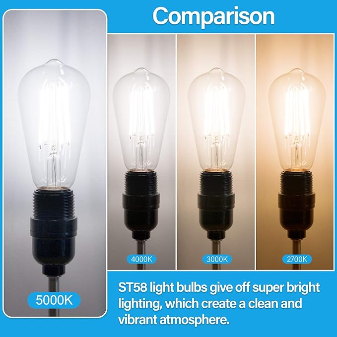 MAXvolador Vintage LED Edison Bulb 60W Equivalent 800LM, 6W ST58 LED Filament Light Bulb, Daylight White 5000K, E26 Base, Non-Dimmable, Pack of 12