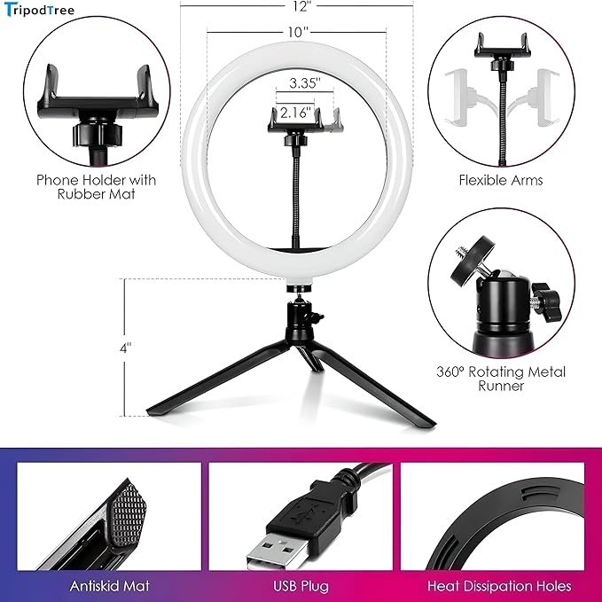 12" Selfie Ring Light with 4" Desktop Tripod Stand & 1 Phone Holder, LED Ringlight with Dimmable Modes(RGB) for Makeup/Photography/Videos/Vlog/TikTok(STDLR12-V2)