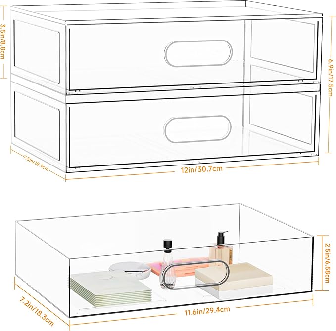 Clear Stackable Makeup Organizer with Drawer, 12''W Acrylic Storage Drawers, Cosmetic Display Case for Vanity Bathroom Countertop, Beauty Holder for Lipstick Brush Skincare Perfume (4 Pack) (3 Tier)