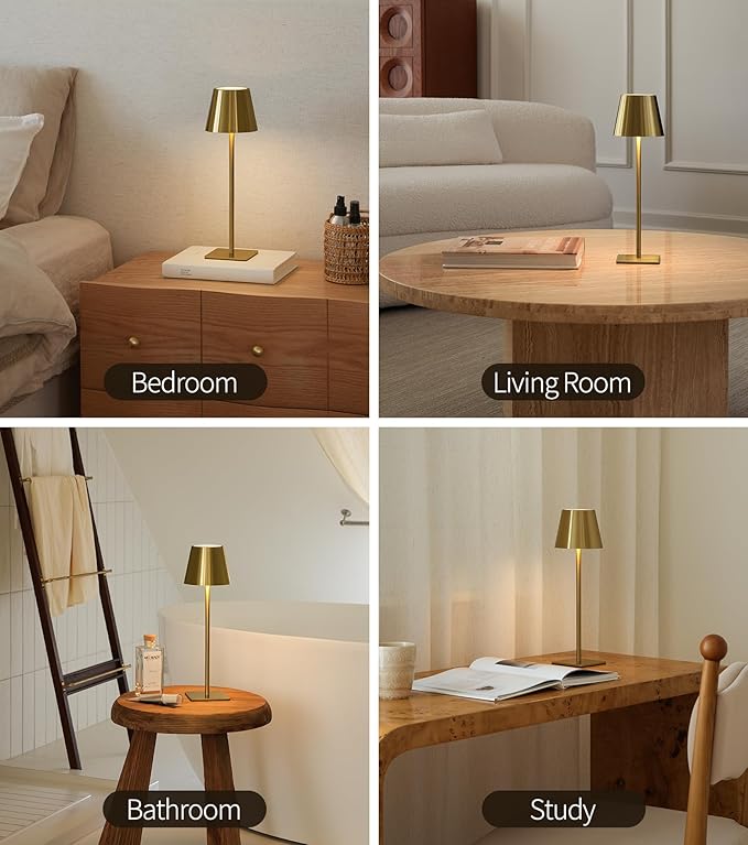 UME 3 Pack Cordless Table Lamp, Battery Operated Lamp - Portable Waterproof Rechargeable Table Lamp w/ 3 Color Temps & Stepless Dimming for Dinner, Desk, Cafe, Outdoor (Brushed Gold)