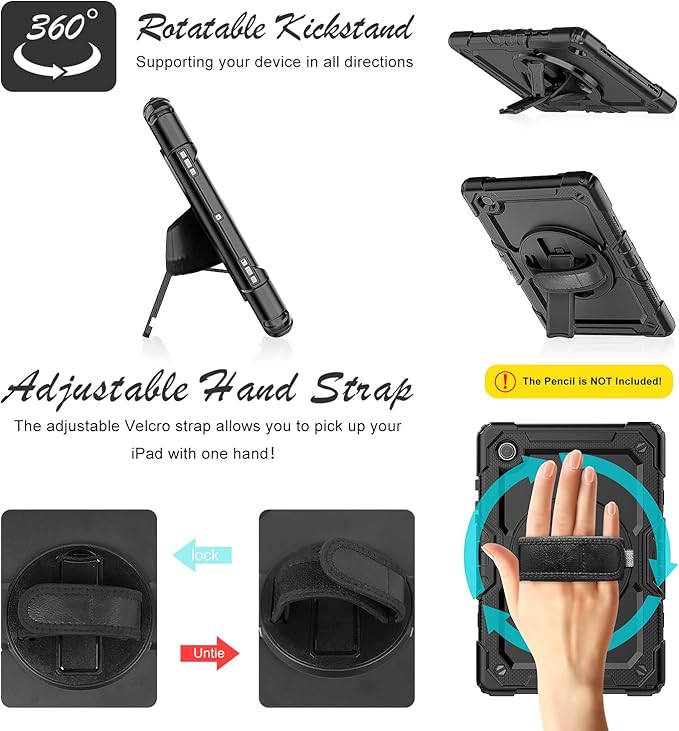 Case for Samsung Galaxy Tab A8 10.5-inch Tablet Case 2022 [with Tempered Glass Screen Protector], 360° Rotatable Kickstand/Hand & Shoulder Strap/S Pen Holder (Black)