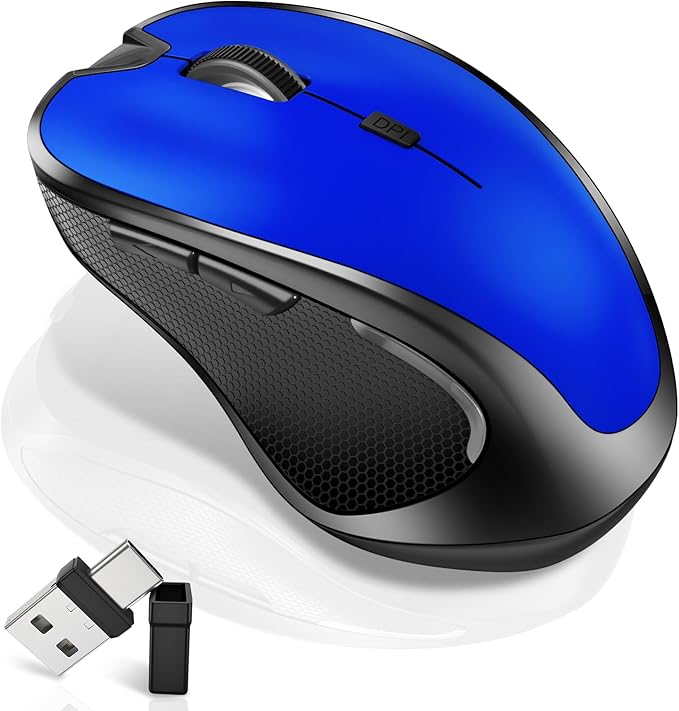 Mouse for MacBook Wireless Bluetooth Mouse Laptop MacBook Air Mac Pro Rechargeable Silent PC iPad Optical Mouse with Jiggler Dual Mode Switch Bluetooth 5.2/3.0 and 2.4GHz USB Type-C Receiver Blue
