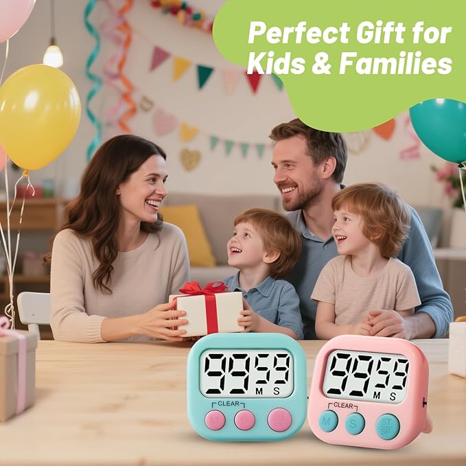 2 Pcs Digital Timer for Kids, Magnetic Countdown Kitchen Timer, Upgrade Loud Alarm Timers for Cooking, Kitchen, Exercise, Work, Study, Classroom, Outdoor Activities, Battery not Including