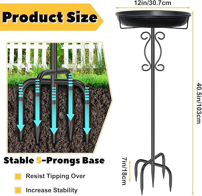 Metal Bird Bath for Outside, 40In Tall Vintage Freestanding Birdbaths & Birdfeeder, Outdoor Bird Bath Bowl with Sturdy 5-Pronged Base for Garden Patio Yard Lawn Decor (Black)