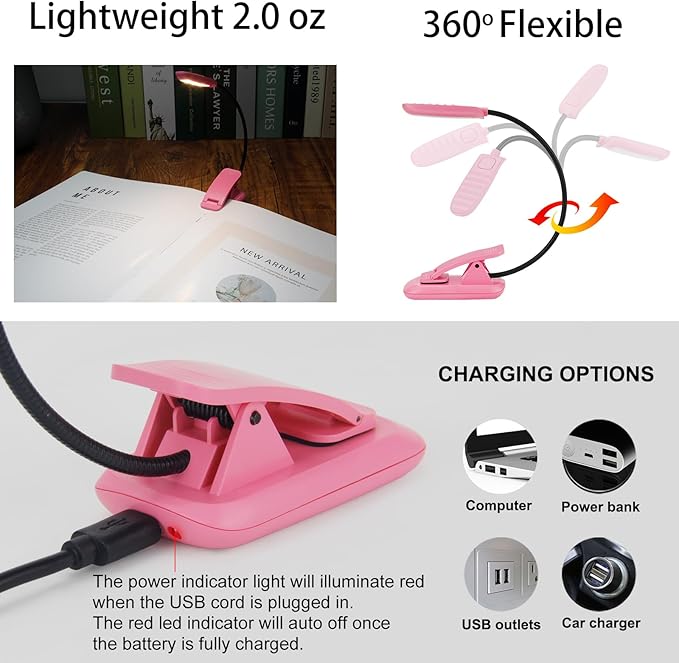 BIGMONAT Rechargeable Book Light, Portable Bendable Neck, Brightness Adjustable Reading Light, Eye Care Reading, Warm & White LEDs, Perfect for Kids, Bed Headboard & Travel (Pink, 2Pack)