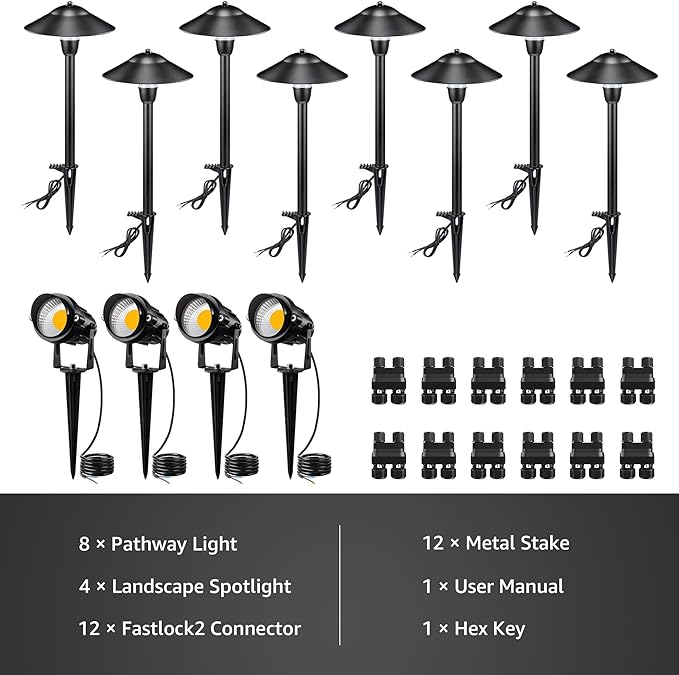 SUNVIE LED Low Voltage Landscape Lighting 12V Landscape Lighting Kit with Connectors, Low Voltage Pathway Lights with Spotlights Aluminum Pathway Lights Wired Waterproof for Patio Yard Garden, 12 Pack