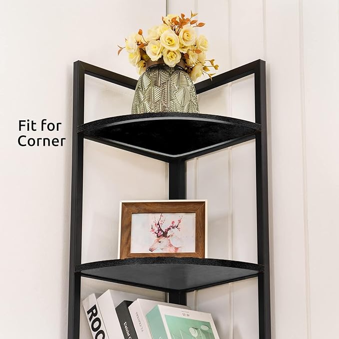 Apicizon 5 Tier Corner Shelf, Industrial Corner Bookshelf with Metal Frame, Rustic Corner Storage Rack Shelves Display Plant Flower, Stand Bookcase for Home Office, Small Place, Kitchen, Black