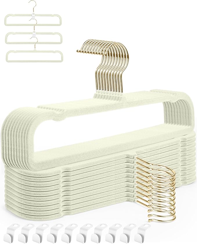 HGYZE Velvet Pants Hangers 20 Pack, 360° Swivel Gold Hook, Non Slip Felt Hanger for Spaghetti Strap Dresses Slack Jean, Short Neck Pant Bar for Closet, Cute Flocked Trouser for Adult Teen