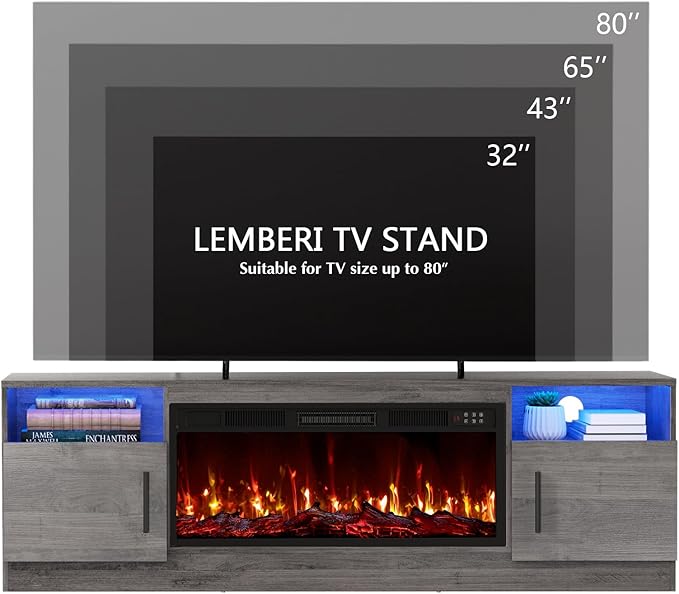 Lemberi Fireplace tv Stand with 36 inch Fireplace Up to 80" TVs,LED Light Entertainment Center and Storage, 70" Modern Wood Media TV Console with Highlight Cabinet for Living Room (Gray)