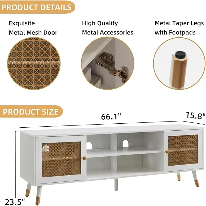 White TV Stand for Living Room,66" Modern Entertainment Center with Storage Cabinets, Fluted Boho TV & Media Console (White and Gold,)