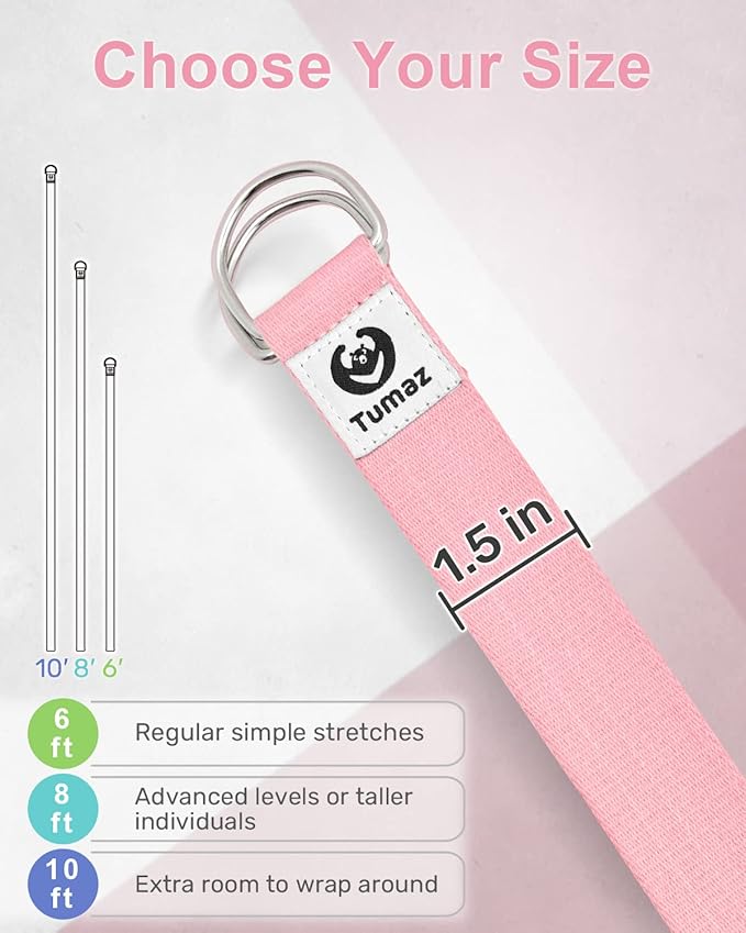 Tumaz Yoga Strap/Stretch Bands [15+ Colors, 6/8/10 Feet Options] with Extra Safe Adjustable D-Ring Buckle, Durable and Comfy Delicate Texture - Best for Daily Stretching, Physical Therapy, Fitness