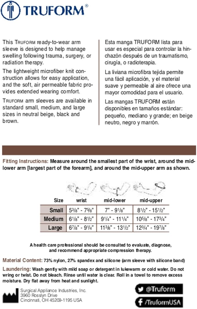 Truform Lymphedema Compression Arm Sleeve, 20-30 mmHg Post Mastectomy Support, Dot Top Grip Band, Black, Small