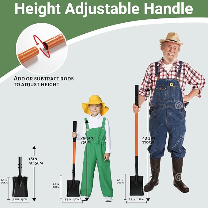 Small Square Shovels for Digging, Garden Spade Shovel Beach Shovels for Kids with 43.3in Handle,Heavy Duty Portable Metal Shovel for Gardening Camping Trenching Digging Landscaping,Off-Road,Orange