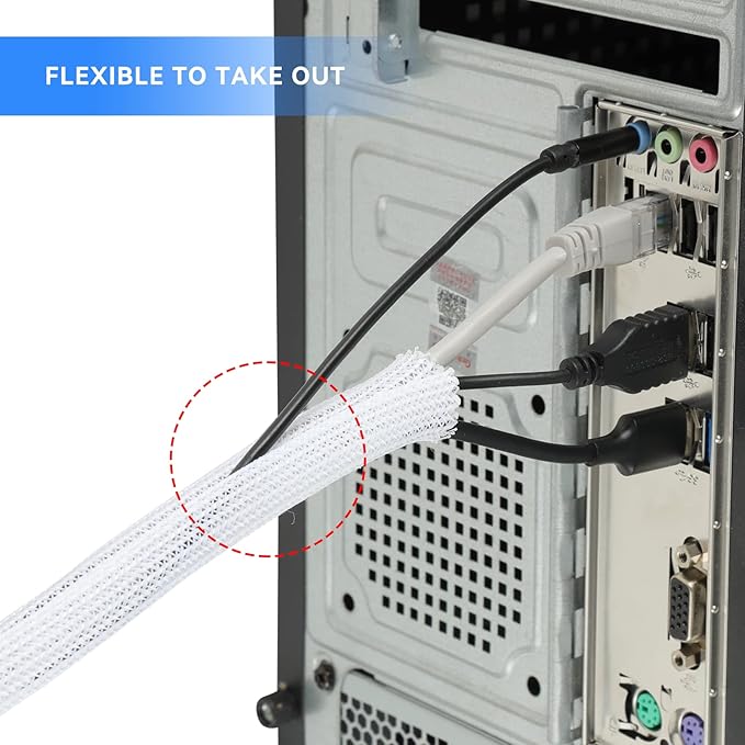 AGPTEK Cable Sleeve Cover, 6.6ft - 1.5 inch Desk Cord Organizer Cable Hider, Home Office Wire Management Computer TV Wire Loom Tubing, Pet Proof Cord Protector, from Cat Dog Chewing, White