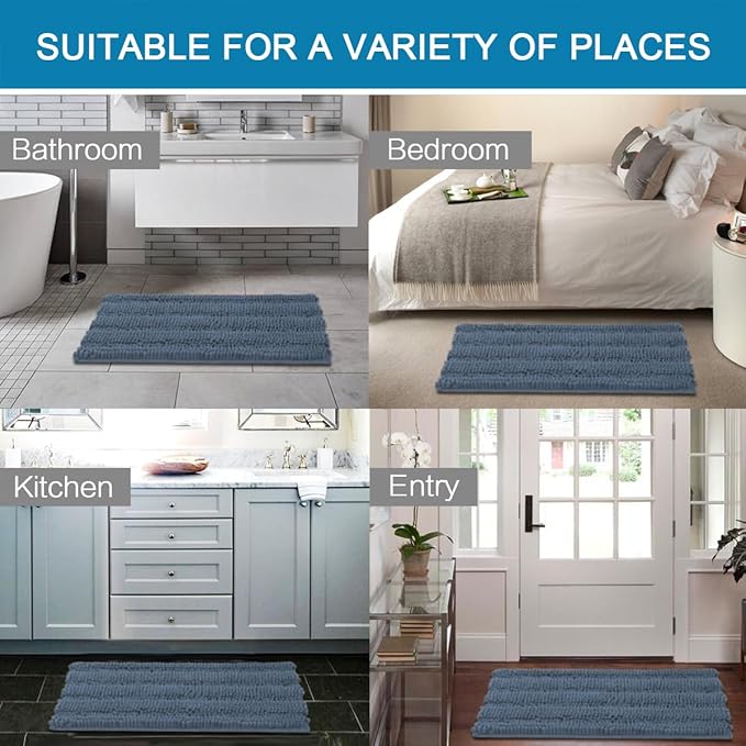 H.VERSAILTEX Bathroom Rug Sets 2 Piece Bath Mats Non Slip Thick Soft Chenille Striped Bath Rug achine Washable Shower Floor Rugs for Tub, Shower and Floor (Blue Indigo, 20" x 32"/24" x 36")