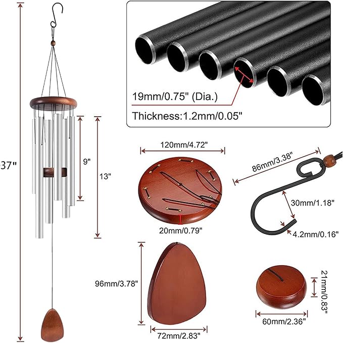 Large Aluminium Wind Chimes 37" Inches to Create a Zen Atmosphere Suitable for Outdoor, Garden, Patio Decoration, Classic Wind Chimes Suitable as A Gift for Unisex (Silver)