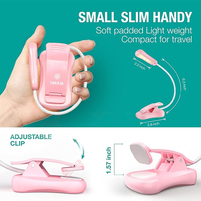 Vekkia Rechargeable Book Light for Reading in Bed, 3 Color x 3 Brightness, Lightweight Reading Light, Up to 70 Hours Lighting, Perfect for Readers, Travel (Pink) …