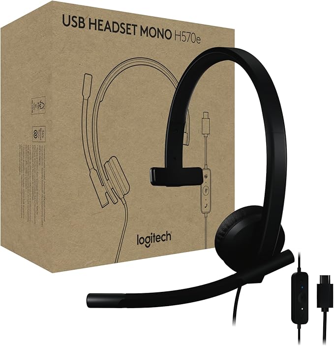 Logitech H570e USB Headset with Microphone for PC and Mac, USB-C Wired Headset with Mono Sound, Noise-Canceling Mics and Inline Controls, Certified for Microsoft Teams, Black