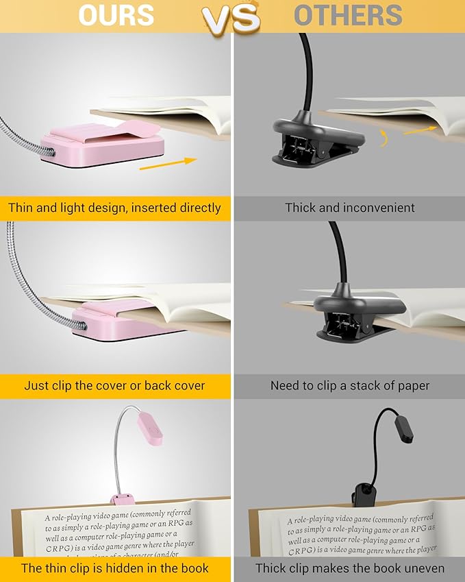 Book Light 2 Pack, Rechargeable Reading Lights for Books in Bed-Eye Caring 3 Colors, Stepless Dimming, 360° Flexible Studying Small Desk Lamp, Lightweight Clip-on LED Night Light for Book Lovers, Kids