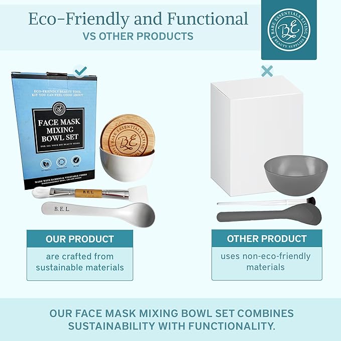 Bare Essentials Living - Clay Face Mask Mixing Bowl Set, Skin Care Kit Facial Bowls with Bamboo Lid, Face Mask Spoon, & Dual Sided Face Mask Brush Applicator for DIY Clay Mask, Facials & Hair (White)