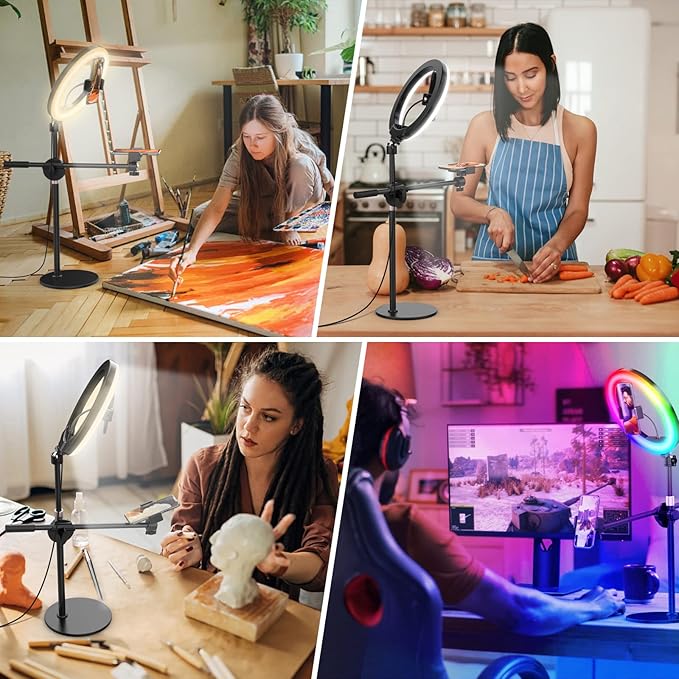 Overhead Phone Camera Mount with Ring Light for Video Recording, Cooking Filming. Content Creator Kit with 10.5" RGB Ringlight, Desk Stand and 2 Phone Holder, Remote, Overhead Tripod for iPhone