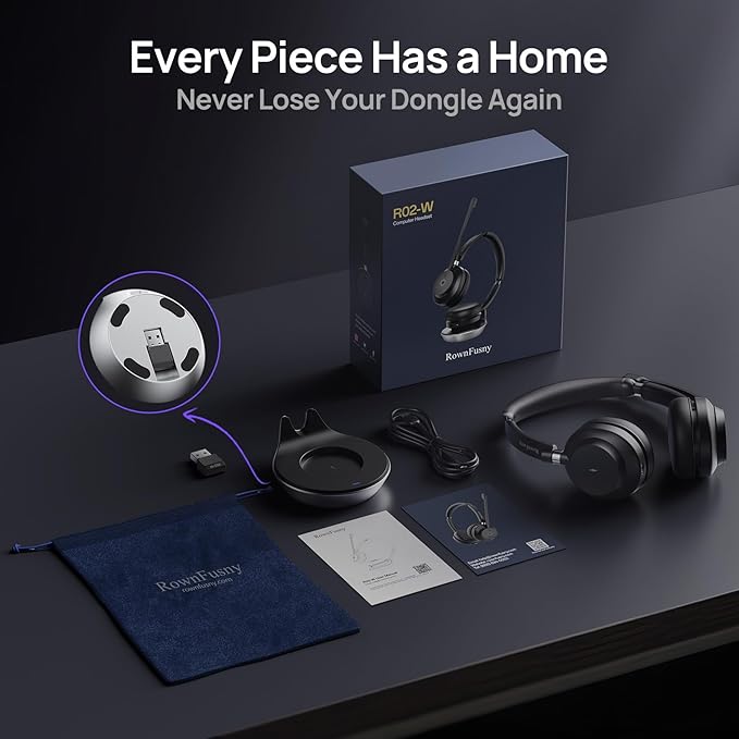 Wireless Headset, Bluetooth Headphones & 2.4G USB Dongle with Noise Cancelling Mic, Mute Button - for PC, Laptop, Call Center, Home Office, Zoom, Teams Meeting