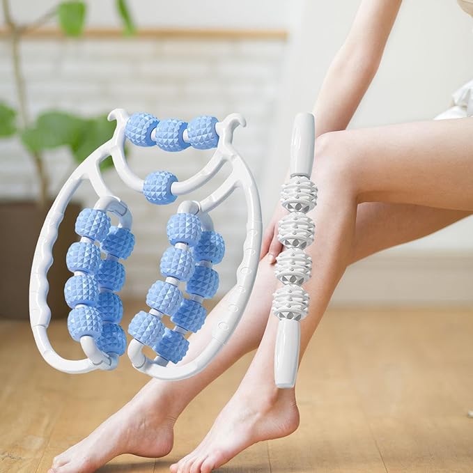 Colaxi 20 Wheels Massage Roller with Massage Stick Portable Multipurpose Flexible Handheld Roller for Back Shoulders Legs Thigh Arms, Blue