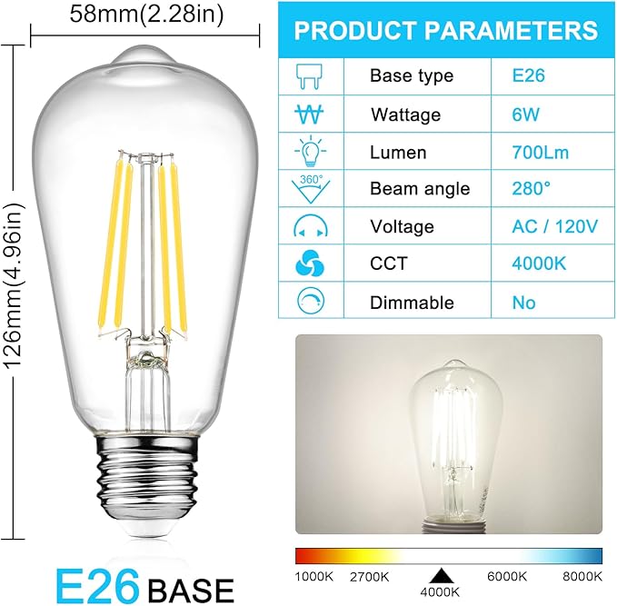 Ascher 12 Pack Vintage LED Edison Light Bulb 60W Equivalent, Decorative Antique Filament Light Bulbs with 80+ CRI, Cool White 4000K, 700 Lumens, E26 Base, Non-Dimmable