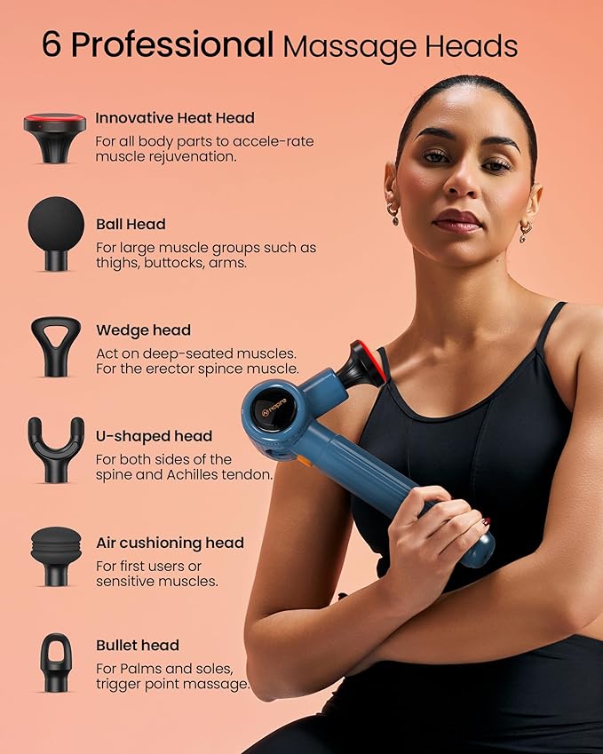 NAPRE Massage Gun with Heat,Massage Gun Deep Tissue with Extension Handle & 3 Adjustable Angles,Handheld Percussion Back Massager for Muscle/Neck/Body Pain Relief with Portable Case,Blue