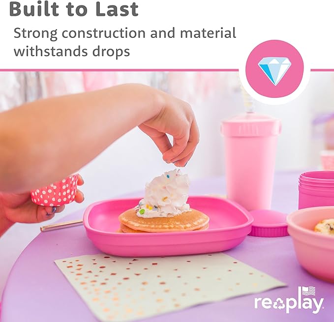 Re-Play Toddler Plates - 22 Oz. Deep-Walled Flat Kids Plates - Dishwasher & Microwave Safe - Made in USA - Set of 3-7.37" x 7.37" x 1.25" - Beach Baby