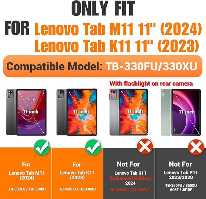 SEYMAC stock Tablet Case for Lenovo Tab M11 (TB330FU/TB330XU)/Idea Tab 11" (TB336F) 11 inch 2024/2025 Drop-Proof Protection Cover with 360° Rotate Strap [Pen Holder] & Screen Protector, Black