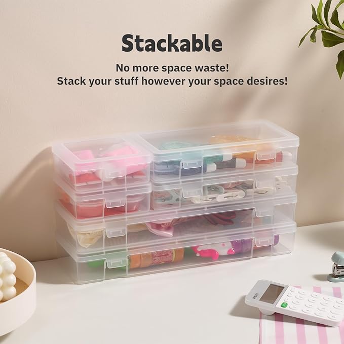novelinks Stackable Plastic Clear Storage Box Containers with Latching Lid - Art Craft Supply Organizer Storage Containers for Pencil Box, Crayon, Beads (6 Pack Small + 6 Pack Medium -Clear)