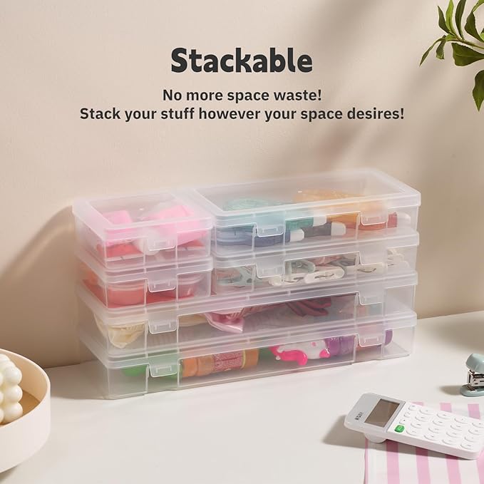novelinks Stackable Plastic Clear Storage Box Containers with Latching Lid - Art Craft Supply Organizer Storage Containers for Pencil Box, Crayon, Beads, Jewelry (9 Pack Medium -Clear)