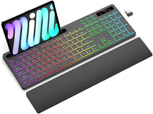 Wireless Keyboard with 7 Colors & 4 Modes RGB Backlit, Ergonomic Keyboard with Wrist Rest, Phone Tablet Holder, 2.4G Light Up Computer Keyboard with Numeric Keypad for Mac, Windows