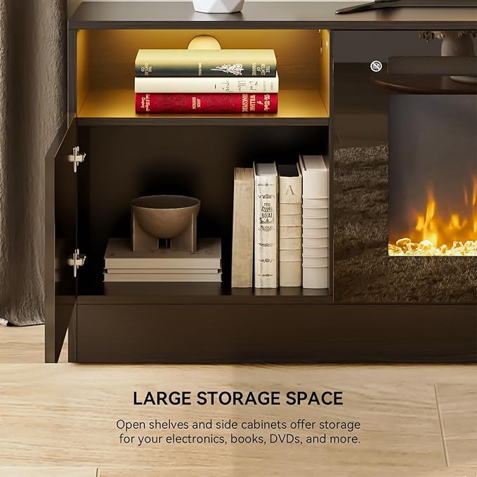 70" TV Stand with 36" Electric Fireplace, Large Modern Media Entertainment Center with Storage Cabinet and 12 Colors LED Lights for TVs Up to 80"