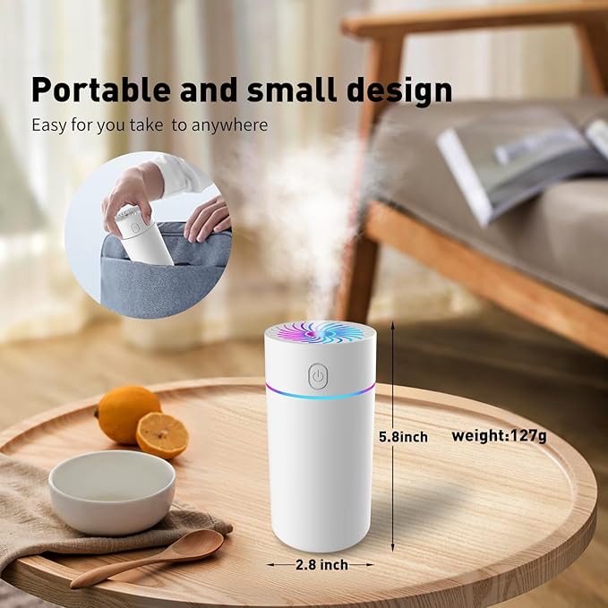 Portable Mini Humidifier with 7-color Lights, Cool Mist Small Desk Humidifiers Car Humidifier [2 Mist Modes] USB Personal Desktop Humidifiers for Bedroom, Office, Travel, Car, Plants, Super Quiet