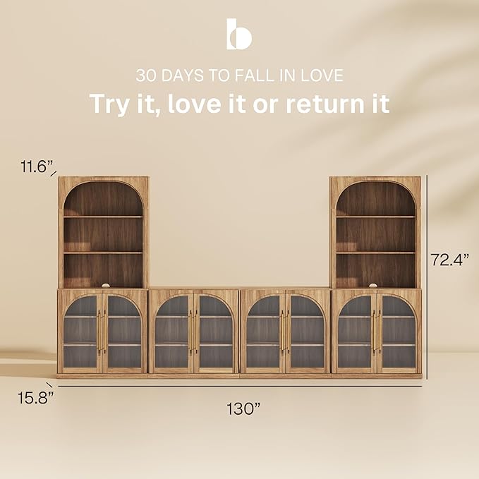 BELLEZE 6-Piece Modular TV Stand Set - 4 Arched Glass Door Entertainment Center & 2 Hutch Storage Units, Classic Modern Large Media Console with Adjustable Shelves for Living Room Family Room, Camel